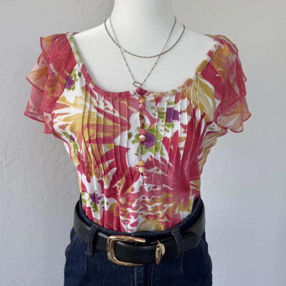 Vintage floral pink blouse with sheer ruffled sleeves